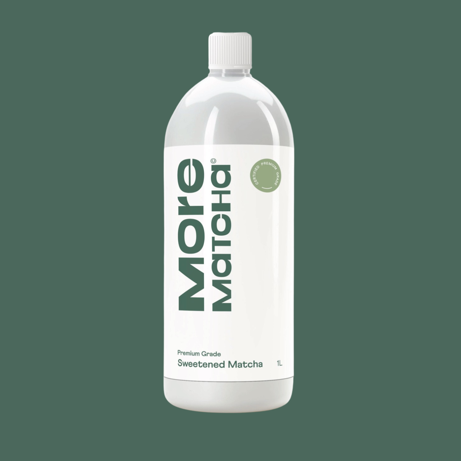 Bottle of More Matcha sweetened matcha on a green background